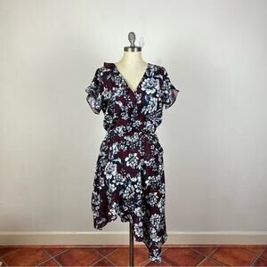 Parker Maroon Floral Faux Wrap Dress Medium Short Sleeve